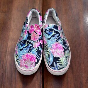 LILLY PULITZER Julie Pink Blue Floral Print Slip On Sneakers Shoes Women's 9